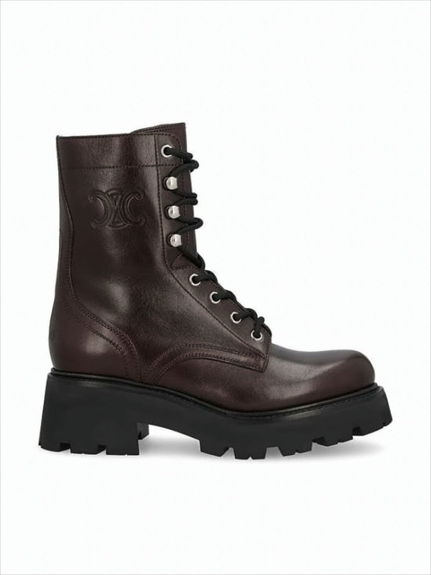 Celine Deep Brown Calf Leather Lace-Up Boots With Rugged Sole