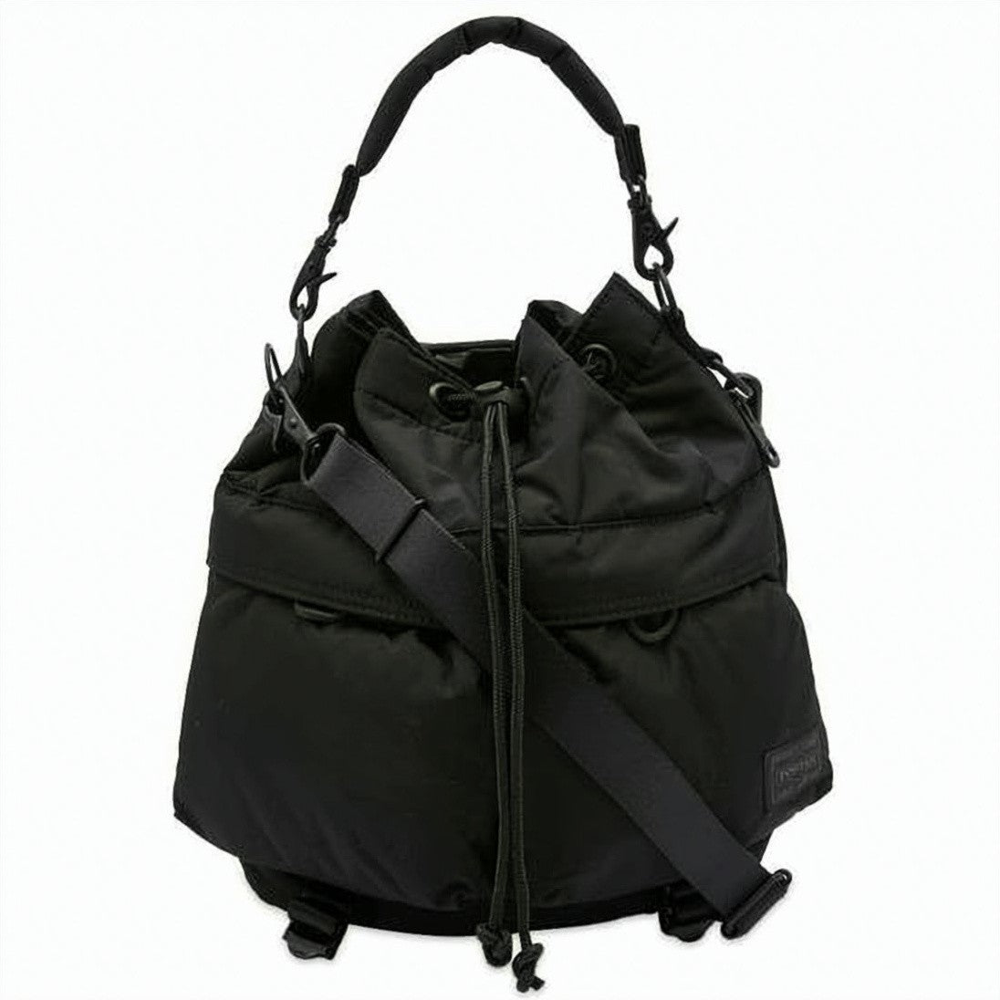Porter Black Nylon Bucket Bag With Padded Handle And Drawstring Closure