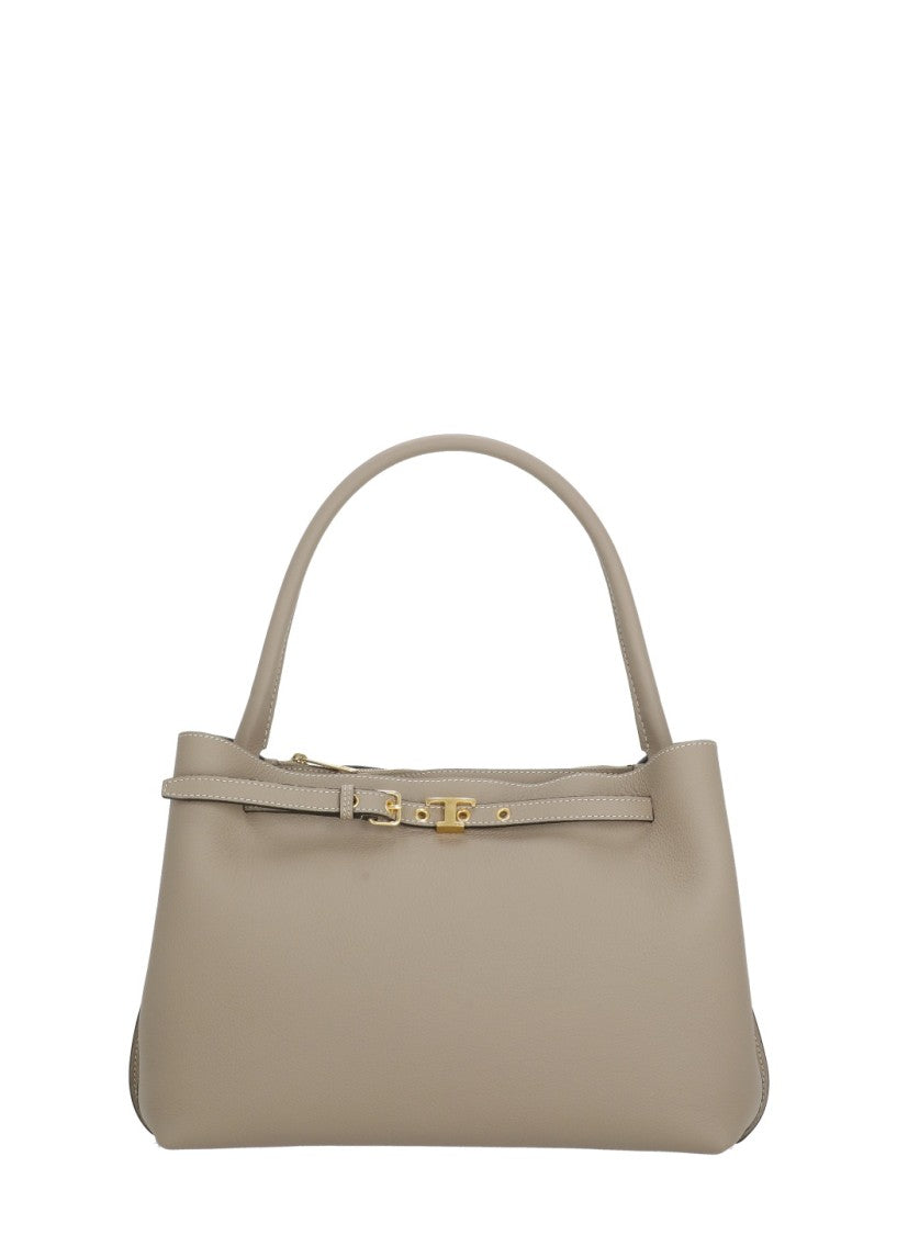 Tod's Timeless Beige Leather Top Handle Bag With Metallic Logo