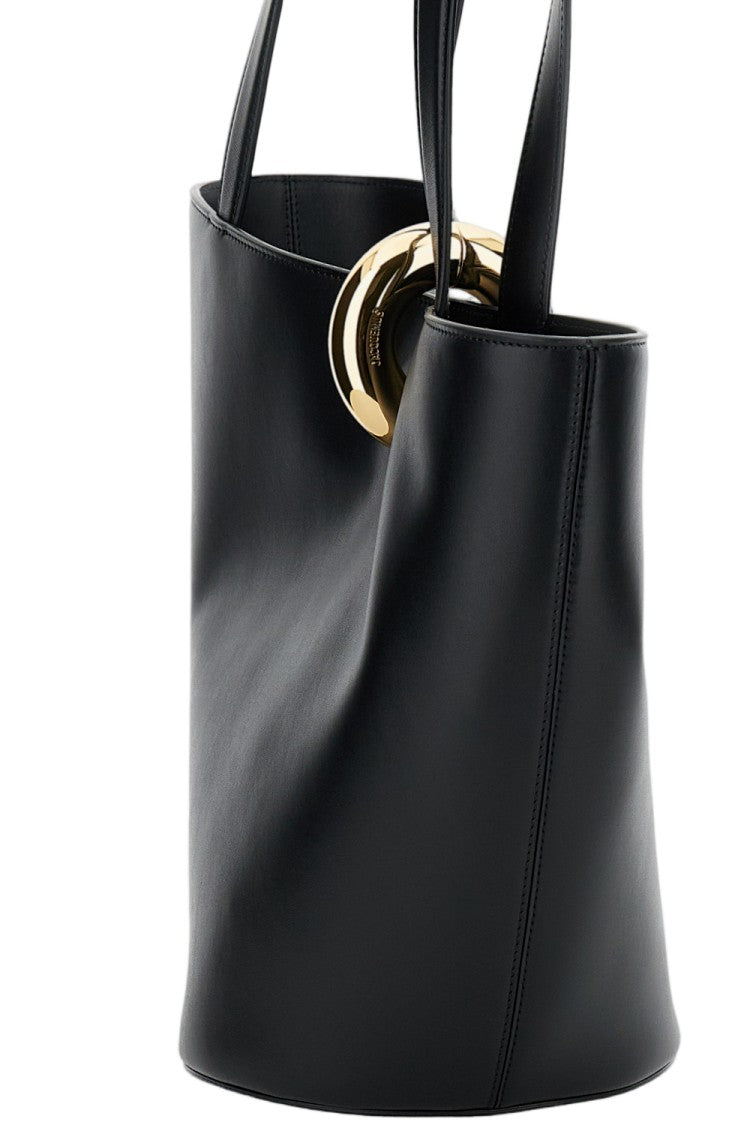 Jacquemus Asymmetrical Black Leather Bucket Bag With Gold-Tone Hardware