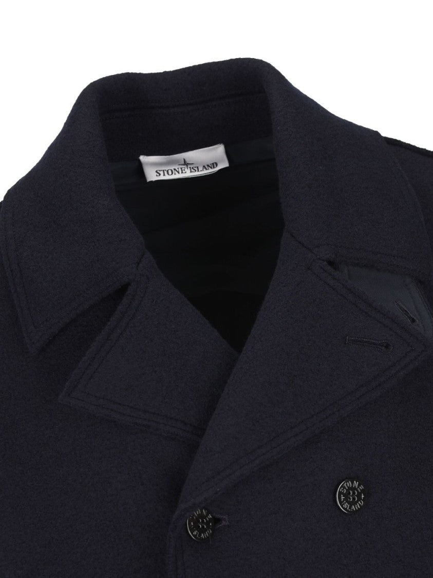 Stone Island Double-Breasted Blue Coat With Structured Collar