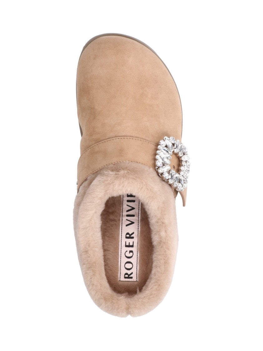 Roger Vivier Brown Slidy Viv Suede Shearling Mules