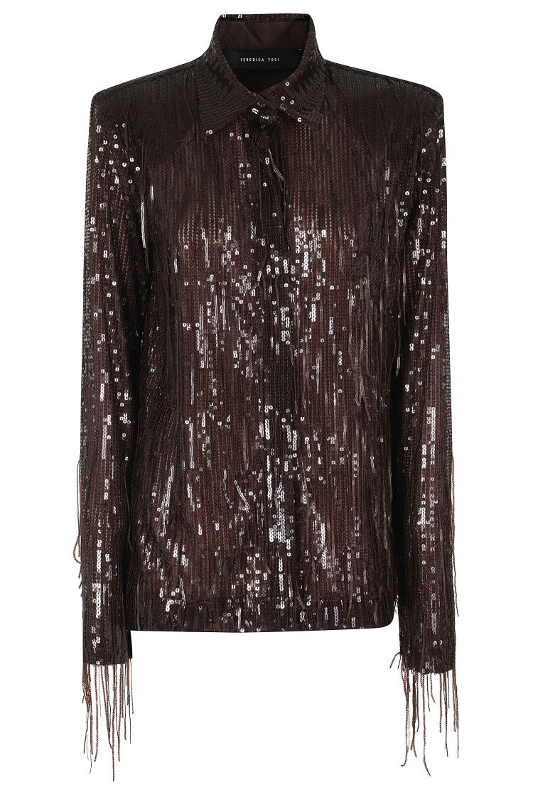 Federica Tosi Brown Sequin Fringe Classic Collar Shirt