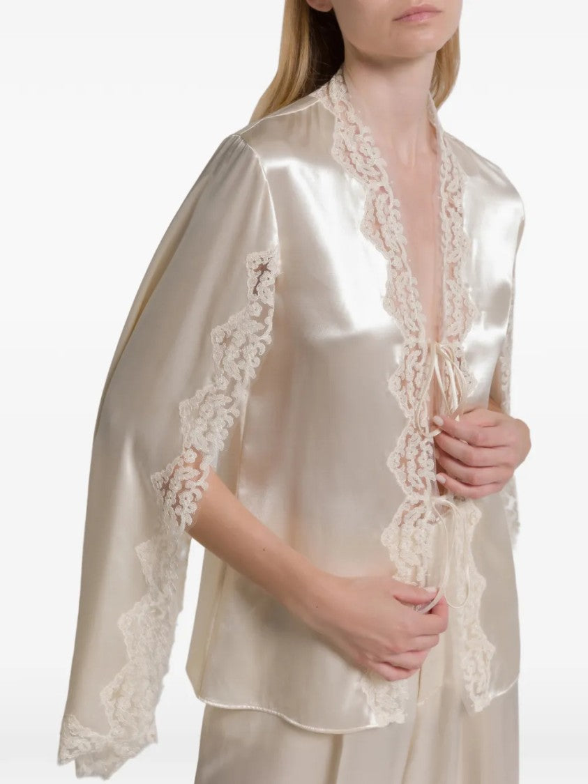Alberta Ferretti Satin-Finish Blouse With Delicate Lace Trim And Tie Closures