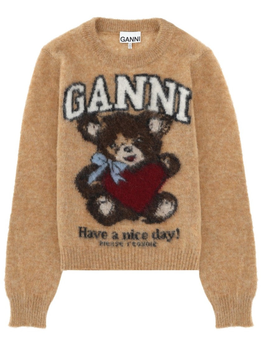 Ganni Camel Fuzzy Texture Teddy Bear Wool-Blend Sweater