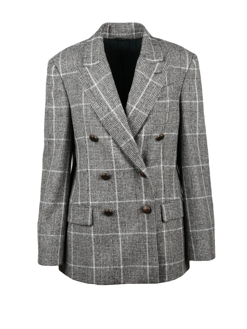 Brunello Cucinelli Double-Breasted Alpaca/Wool Jacket With Checkered Pattern And Flap Pockets
