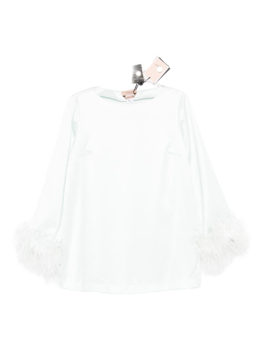 Twin-Set Light Blue Long-Sleeved Blouse With Feather Trim Details