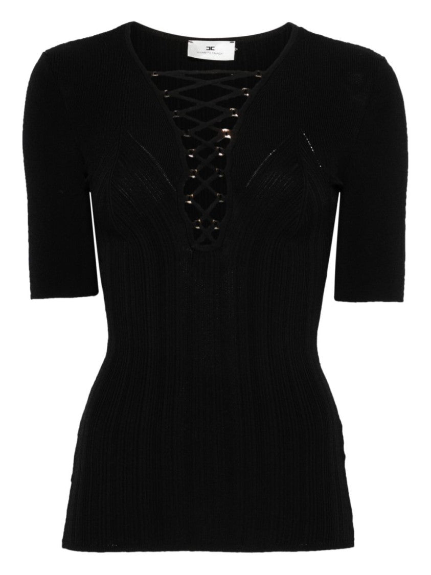 Elisabetta Franchi Form-Fitting Top With Deep V-Neck And Lace-Up Detail