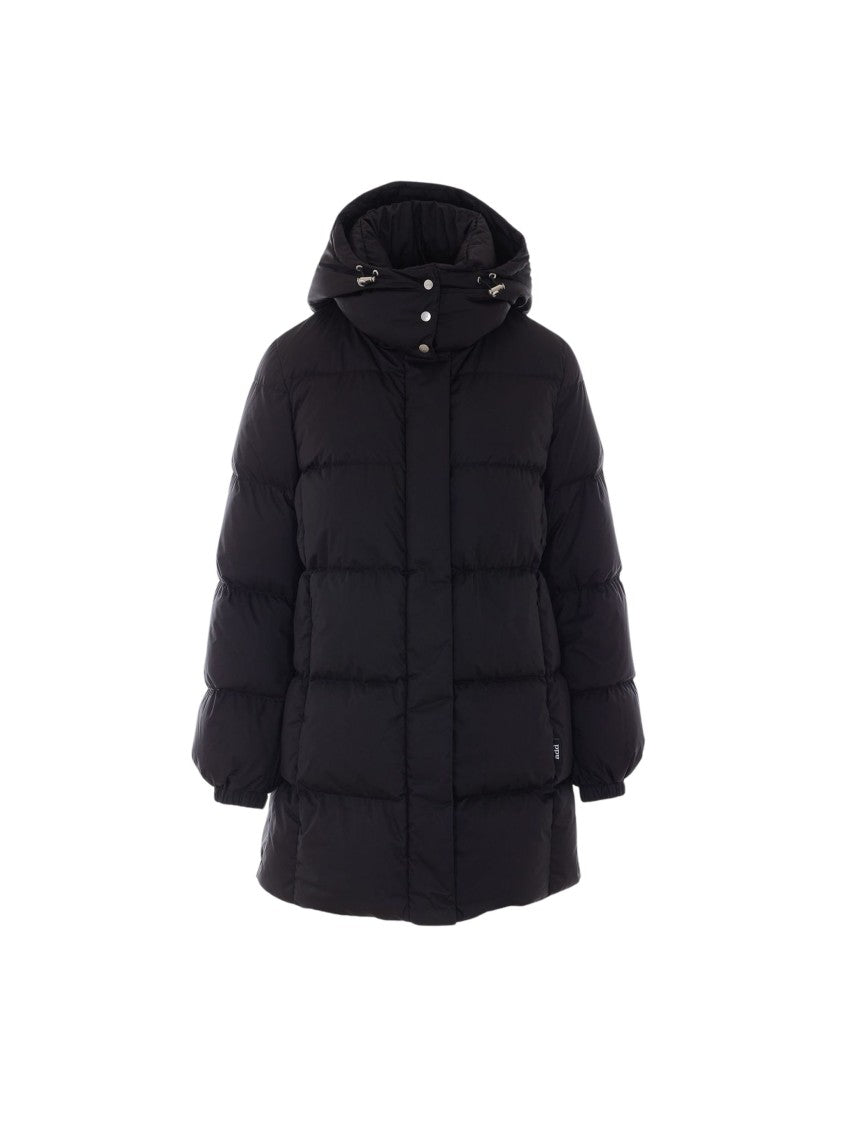 Add Knee-Length Black Quilted Puffer Coat With Removable Hood