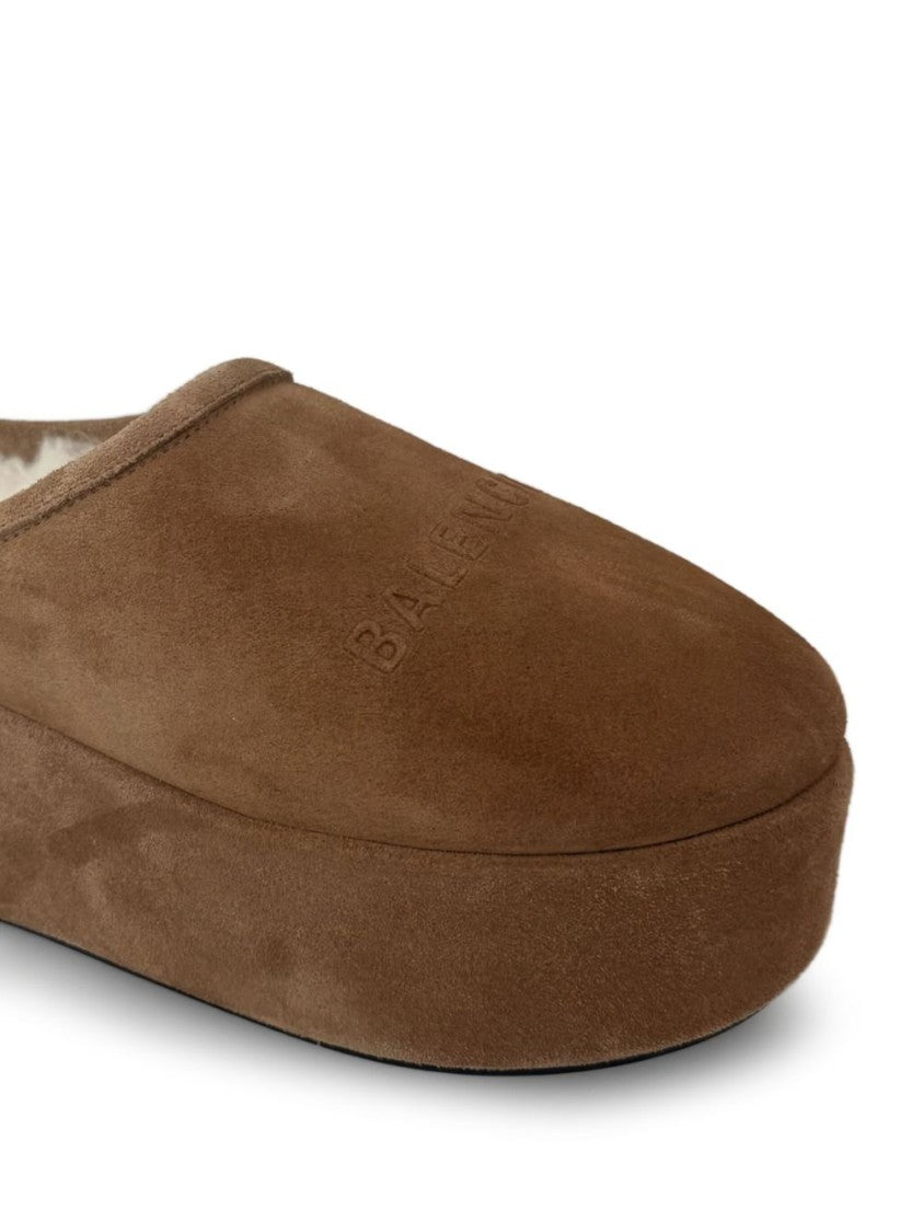 Balenciaga Brown Suede Platform Mule With Embossed Logo Details
