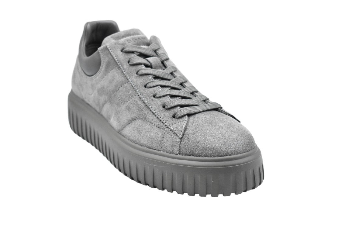 Hogan Monochromatic Grey Suede H-Stripes Sneakers