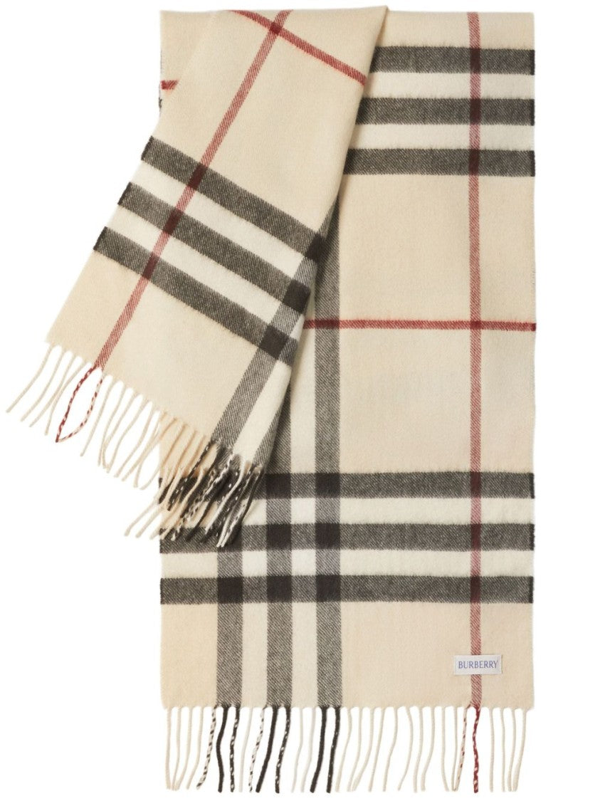 Burberry Beige Check Cashmere Fringing Scarf