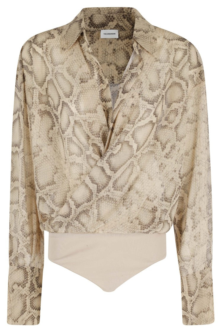 The Andamane Beige Python Paloma Shirt-Collar Deep V-Neck Bodysuit
