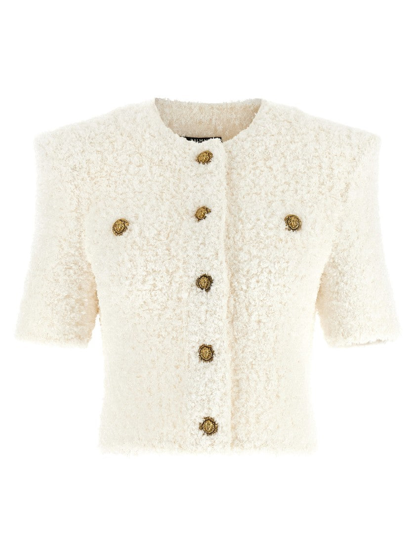 Balmain Cardigan Tweed Plumetis Sequin Crop Cardigan
