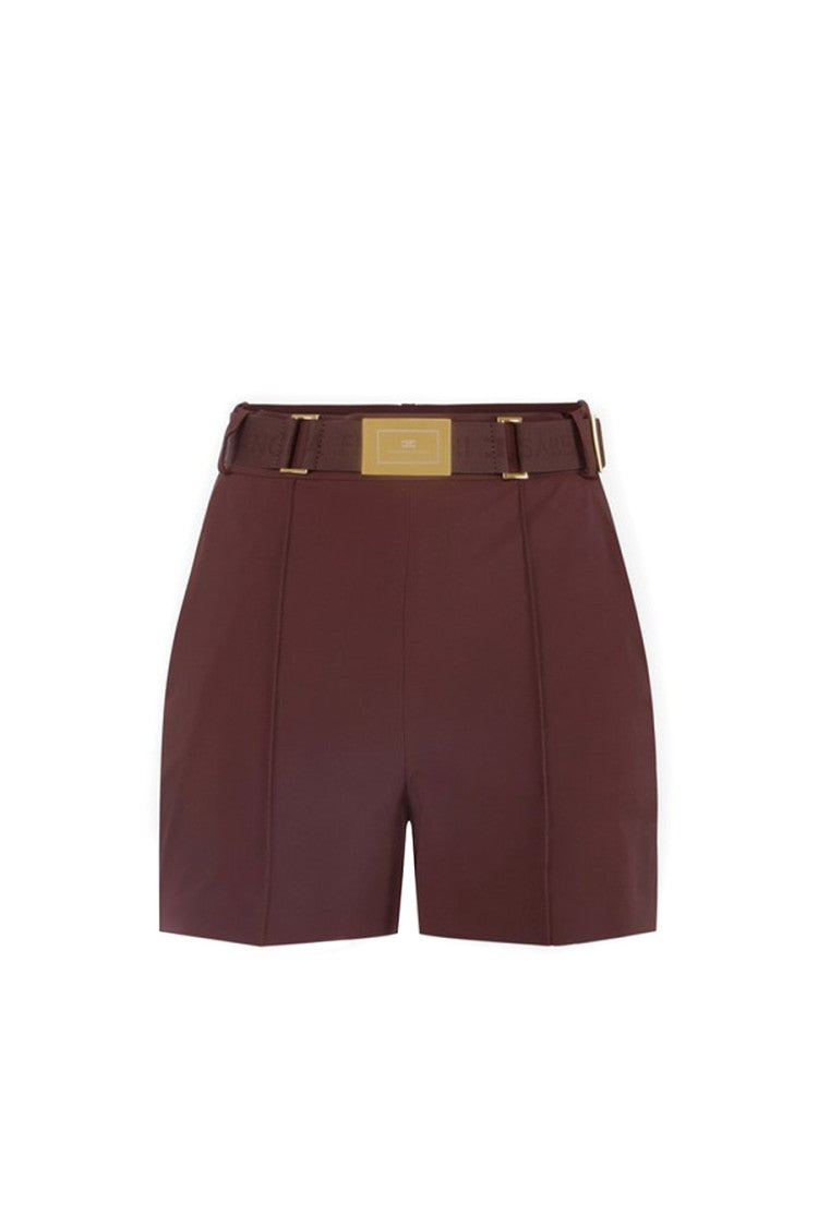 Elisabetta Franchi Brown Gold-Buckle Logo Belt Polyamide-Blend Shorts