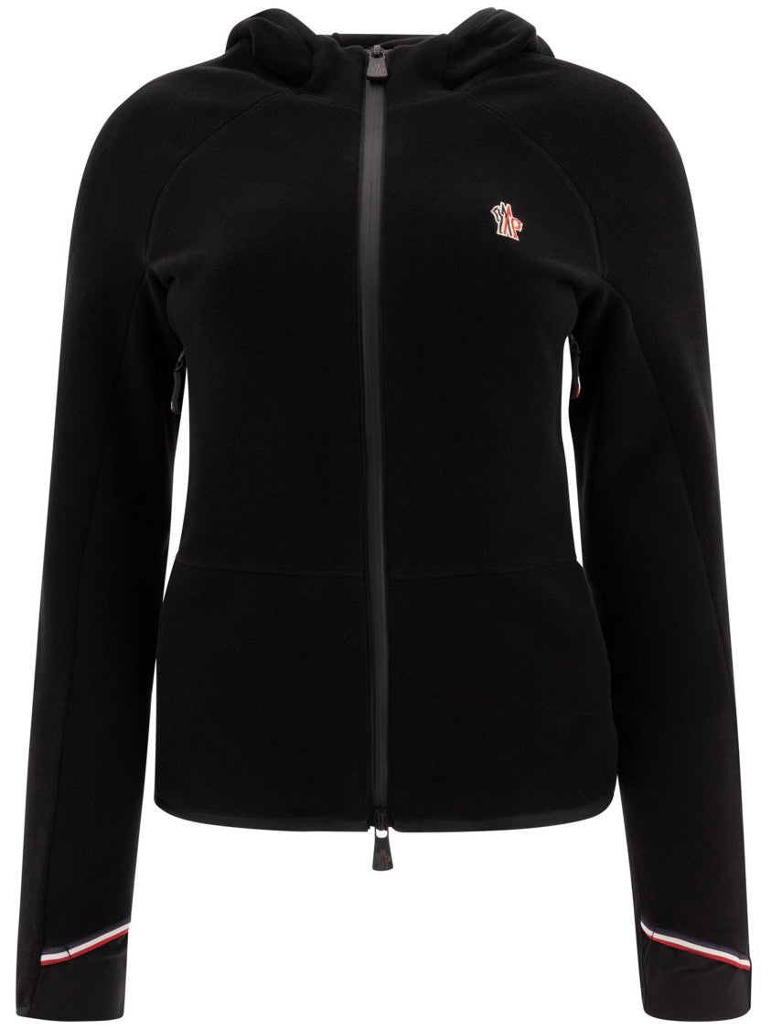 Moncler Grenoble Fitted Black Cardigan With Hood And Tricolor Stripe Accents
