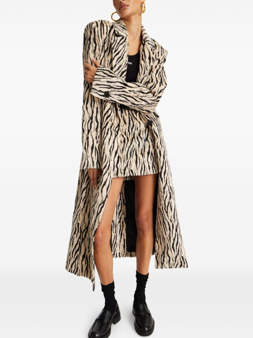 Rotate Zebra Print Long Coat With Double-Breasted Design And Large Lapels