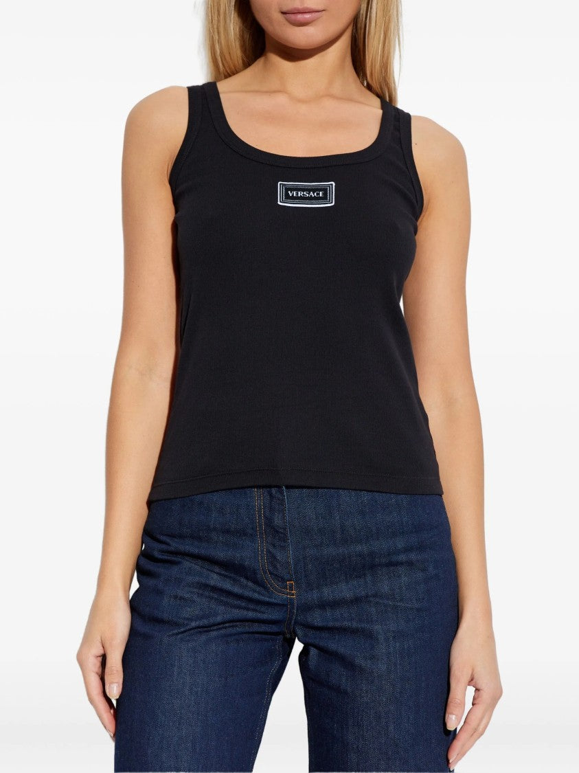 Versace Black Fitted Text Patch Cotton Top