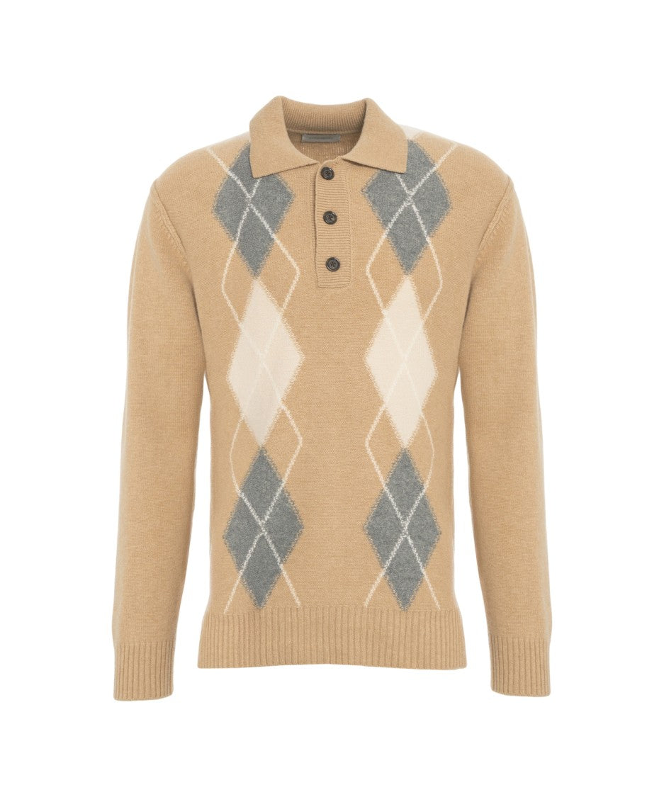 Paolo Pecora Beige Argyle Knit Polo With Ribbed Finish