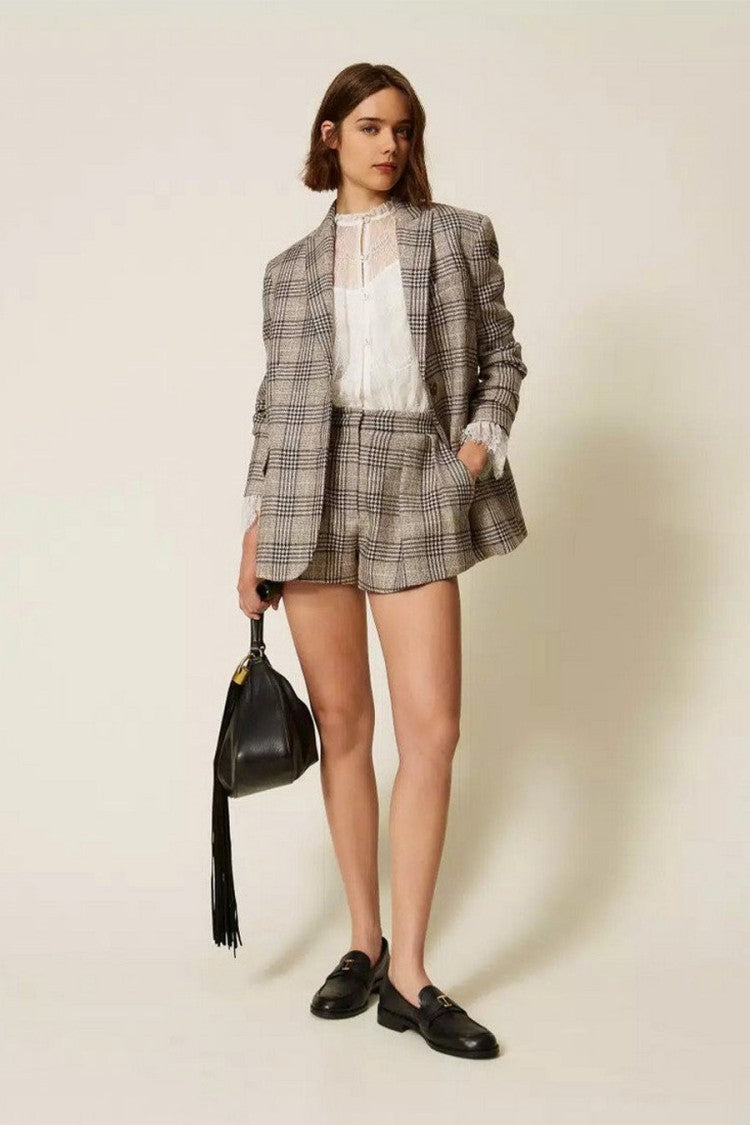 Twin-Set Grey Wool-Polyester Blend Plaid Check Blazer