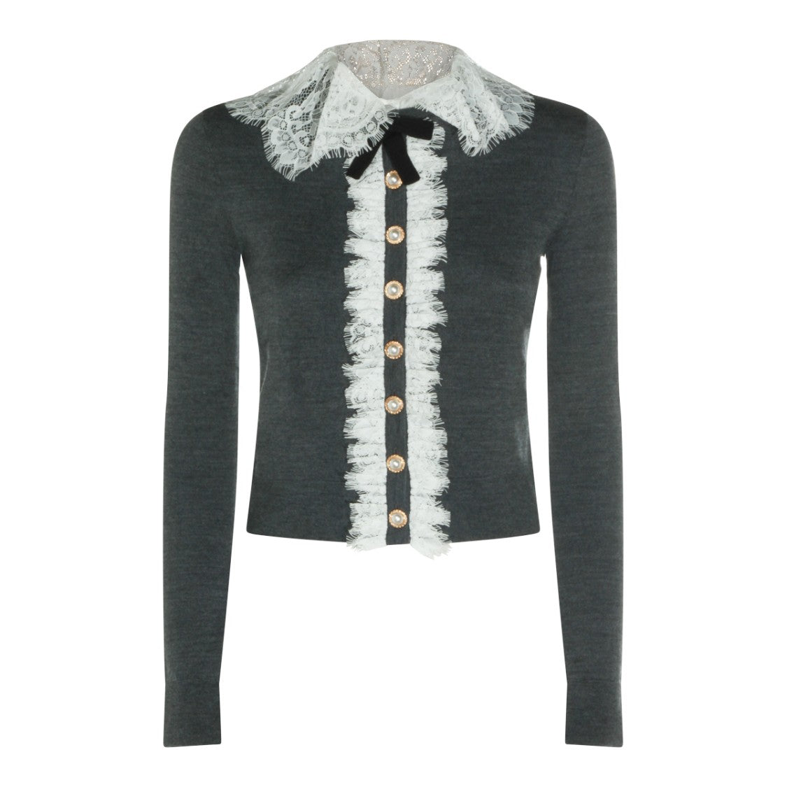 Self-Portrait Grey Wool Knit Sweater With Lace Collar And Bow Detail