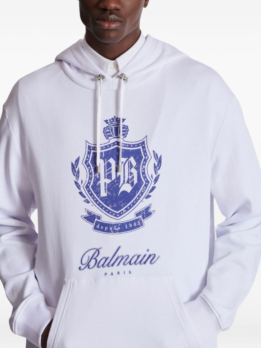 Balmain White Cotton Emblem Print Sweatshirt
