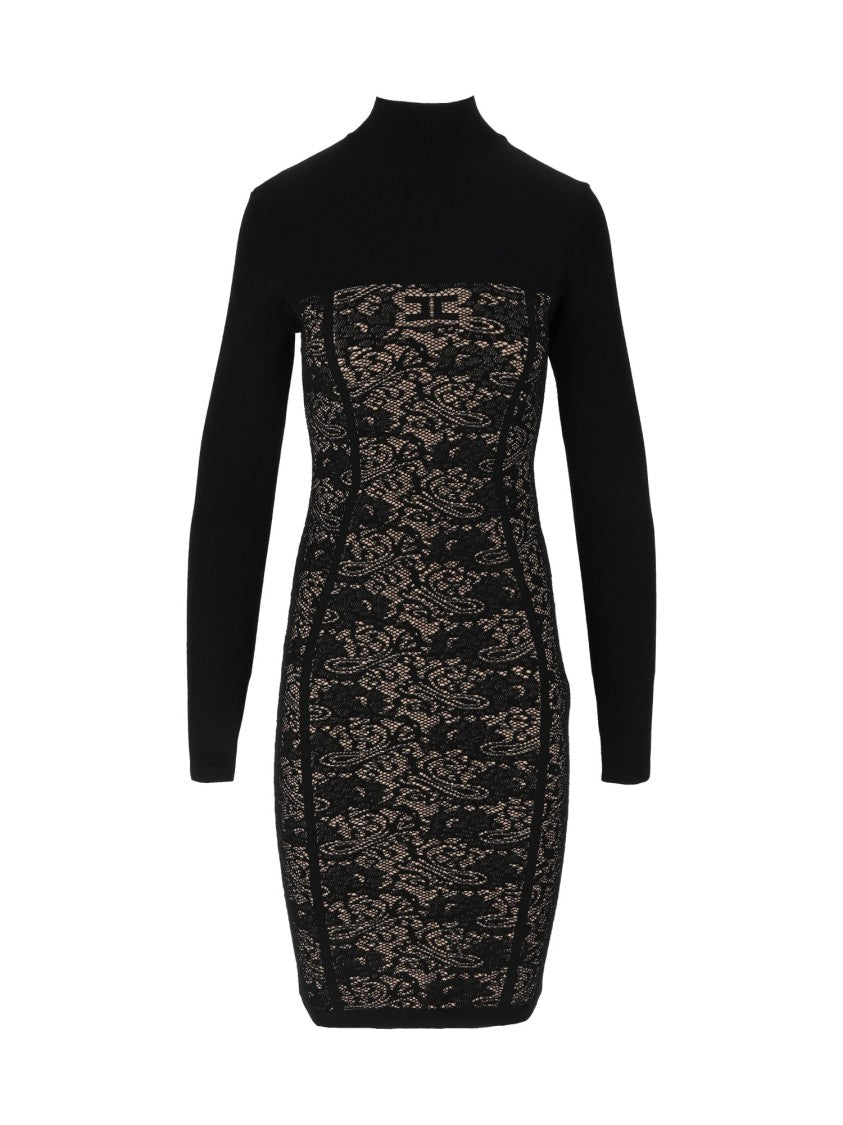 Elisabetta Franchi Lace Panel Fitted Knit Day Dress