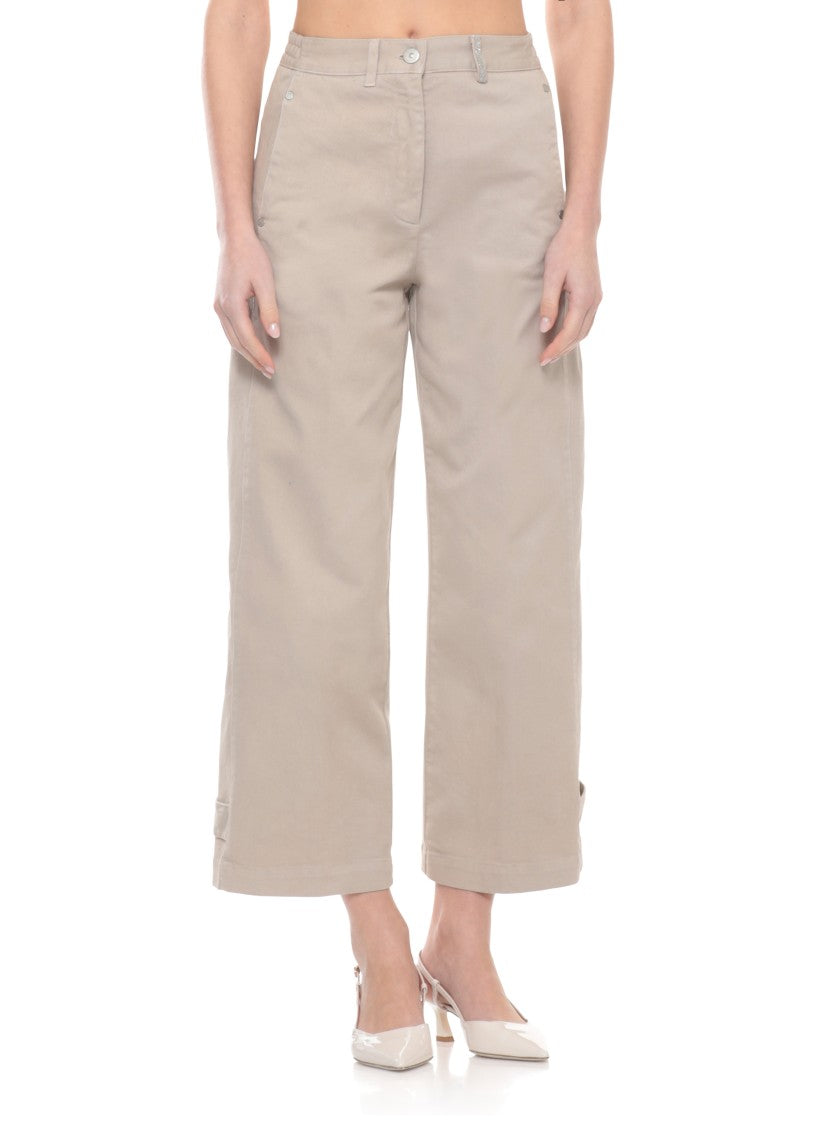 Panicale Beige Cotton Embellished Straight-Leg Pants