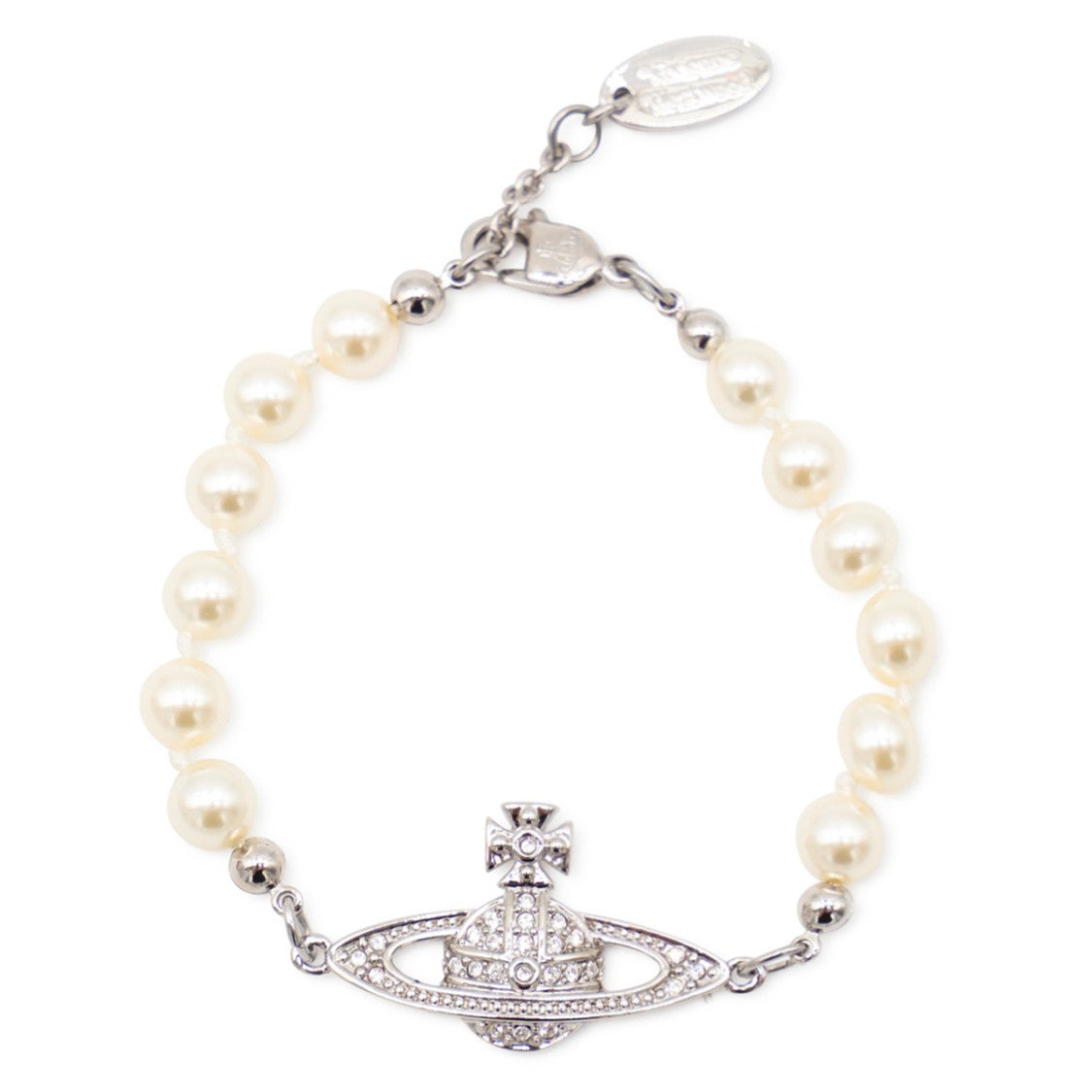 Vivienne Westwood Platinum Pearl Bracelet With Crystal Logo And Hook Fastening