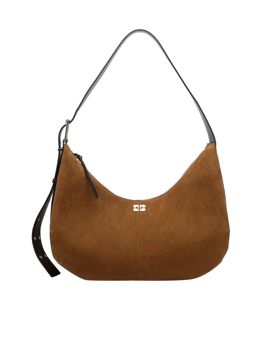 Ganni Medium Hobo Bag In Smooth Suede With Gold Accents
