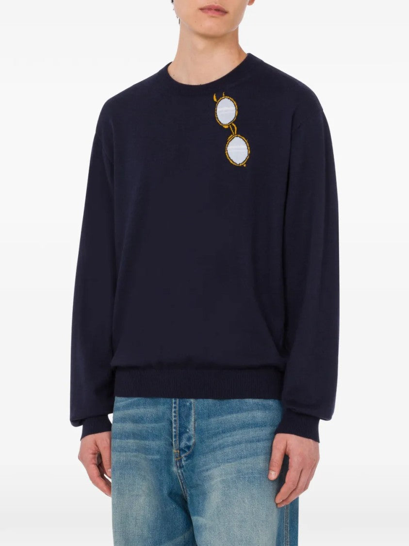 Moschino Dark Navy Blue Knit Sweater With Unique Embroidery