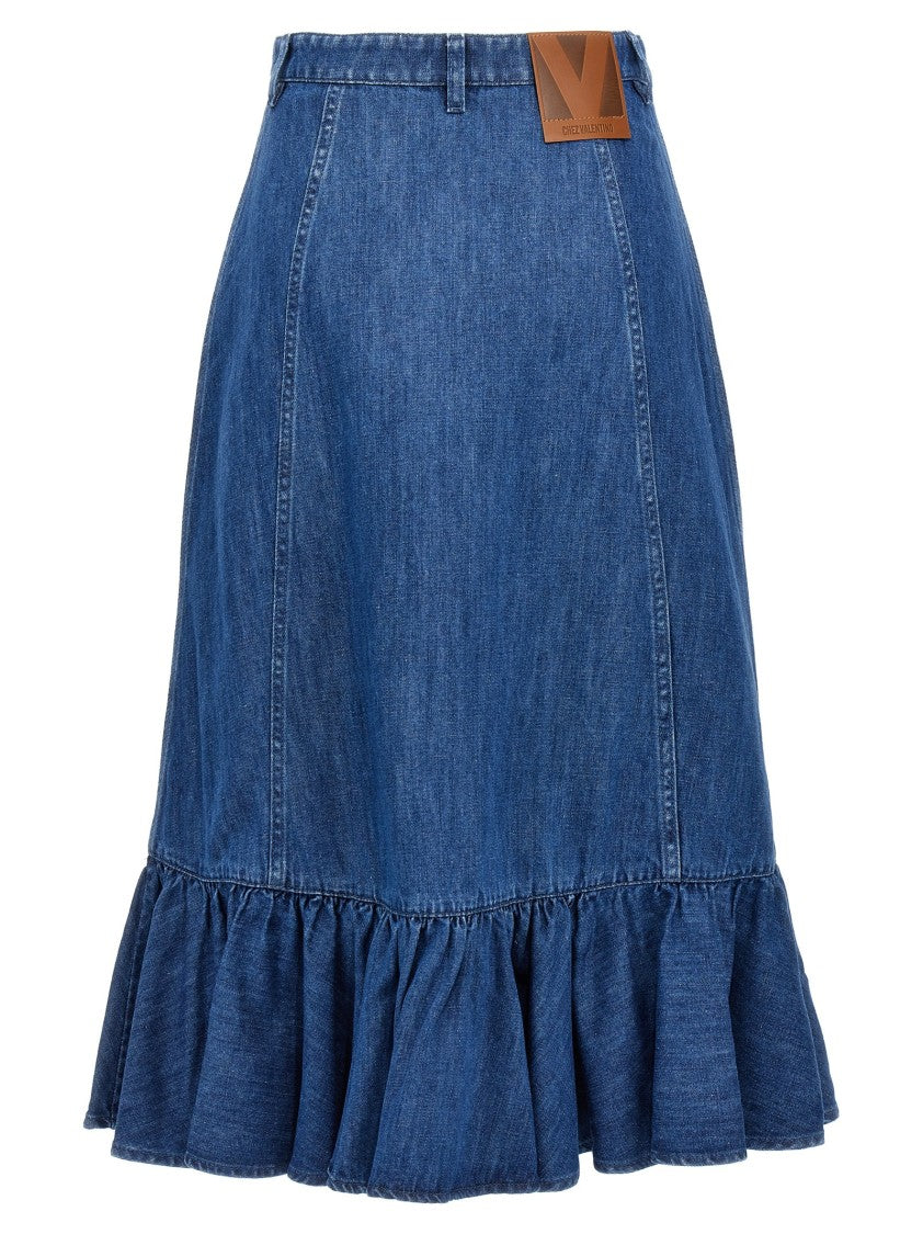 Valentino Garavani Light Cotton Denim Midi Skirt With Vlogo Closure