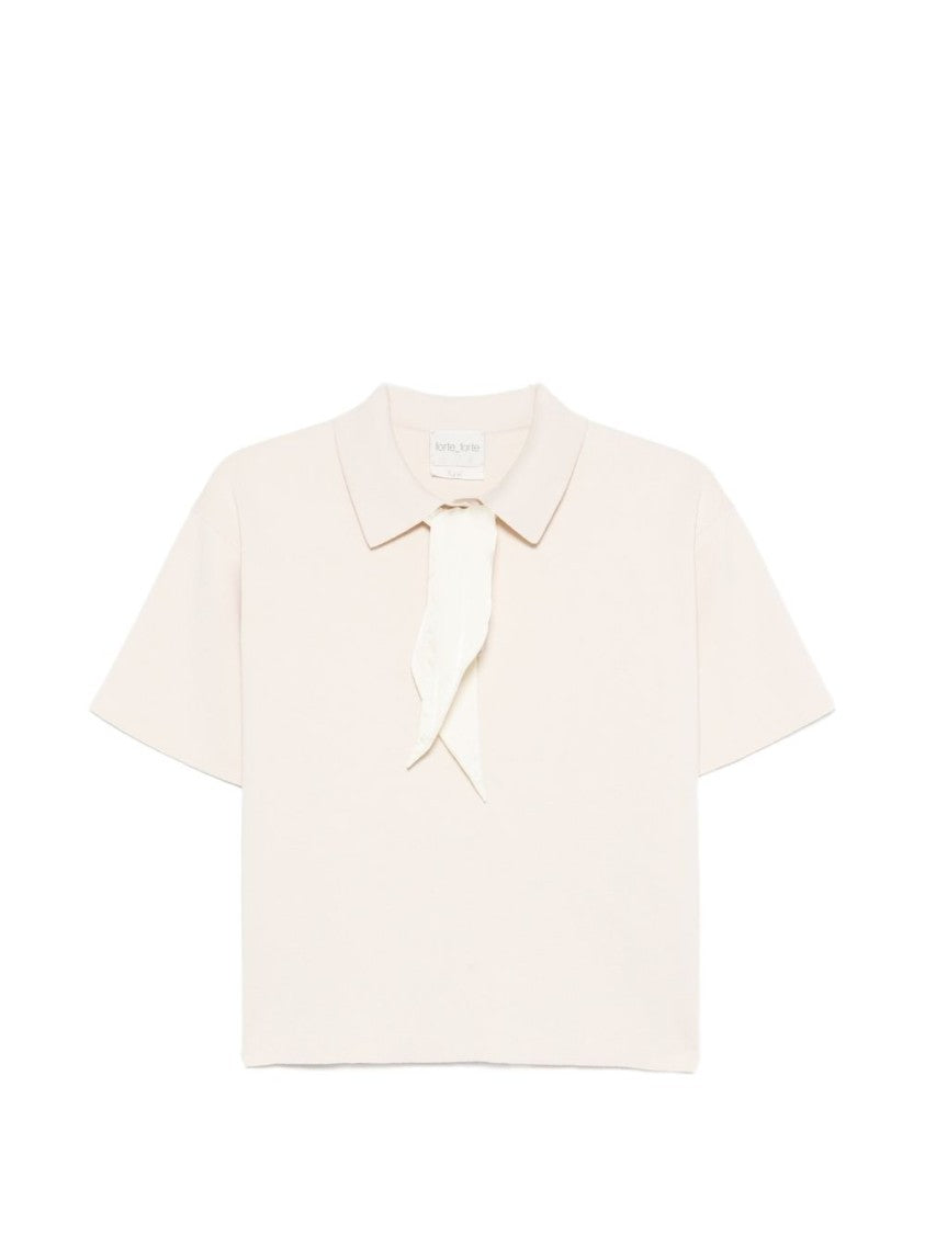 Forte Forte Cropped White Polo T-Shirt With Satin-Like Scarf Detail