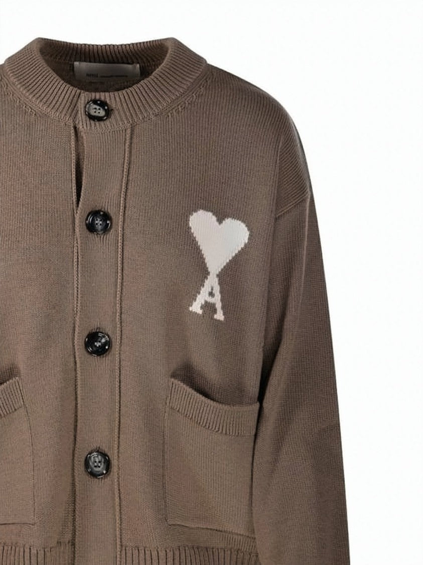 Ami Paris Navy Blue Wool And Cotton Blend Heart Cardigan