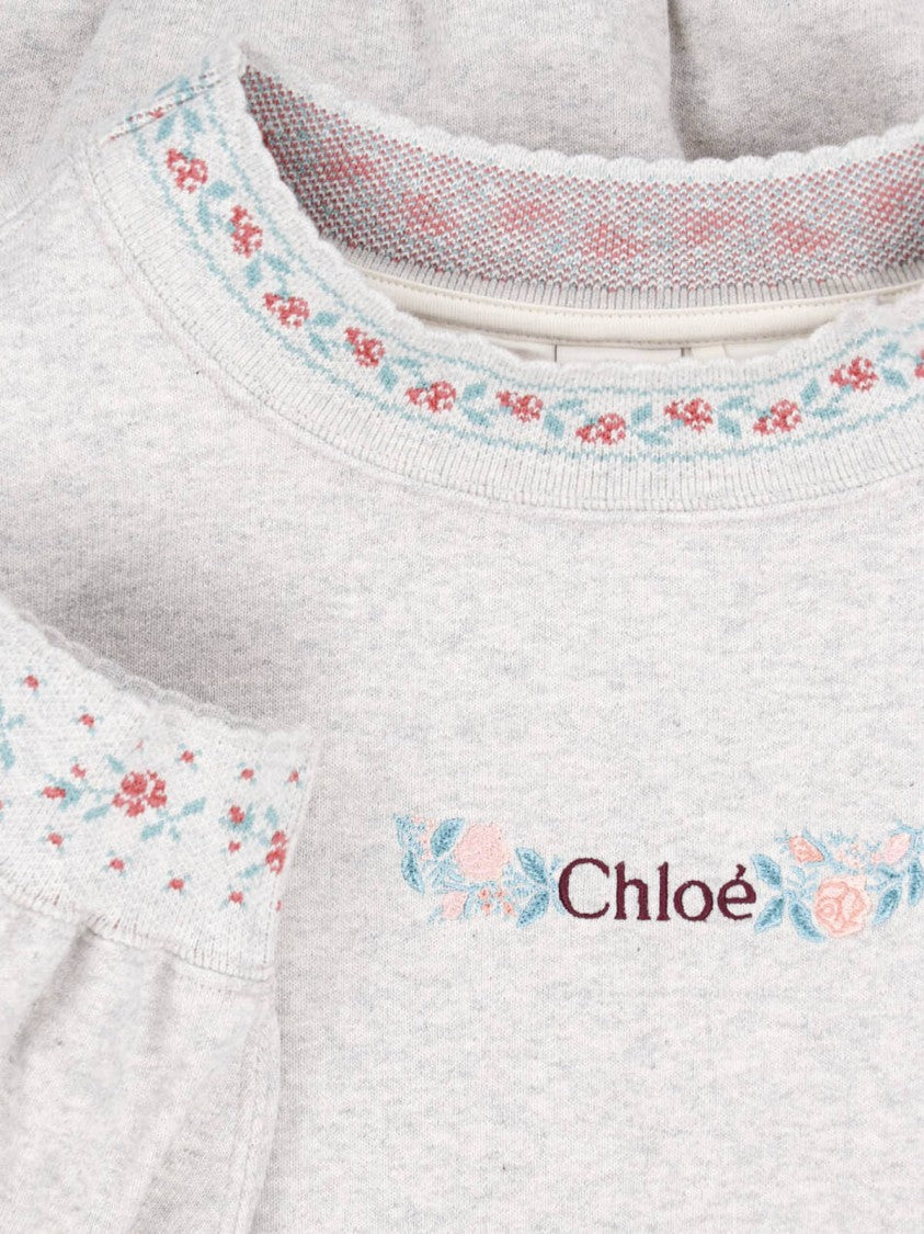 Chloé Light Grey Cotton Sweatshirt With Floral Embroidery
