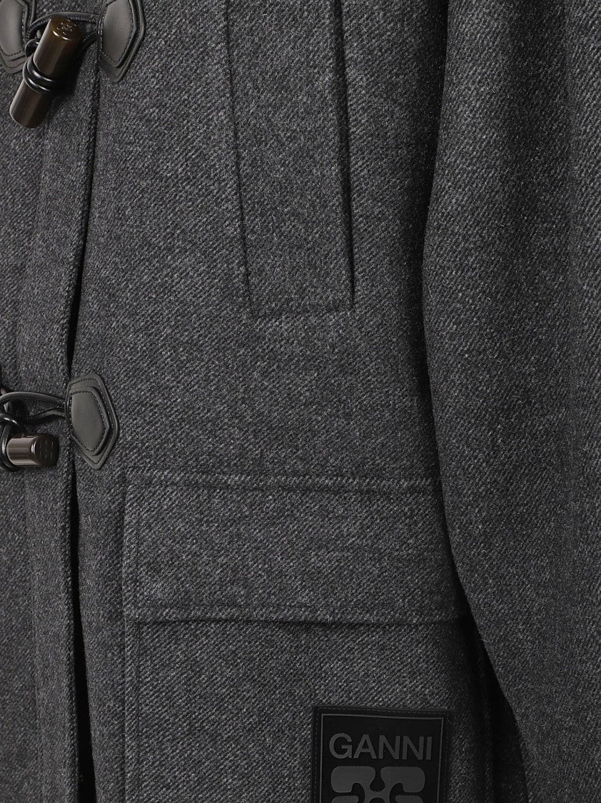 Ganni Structured Grey Wool Blend Coat With Hood