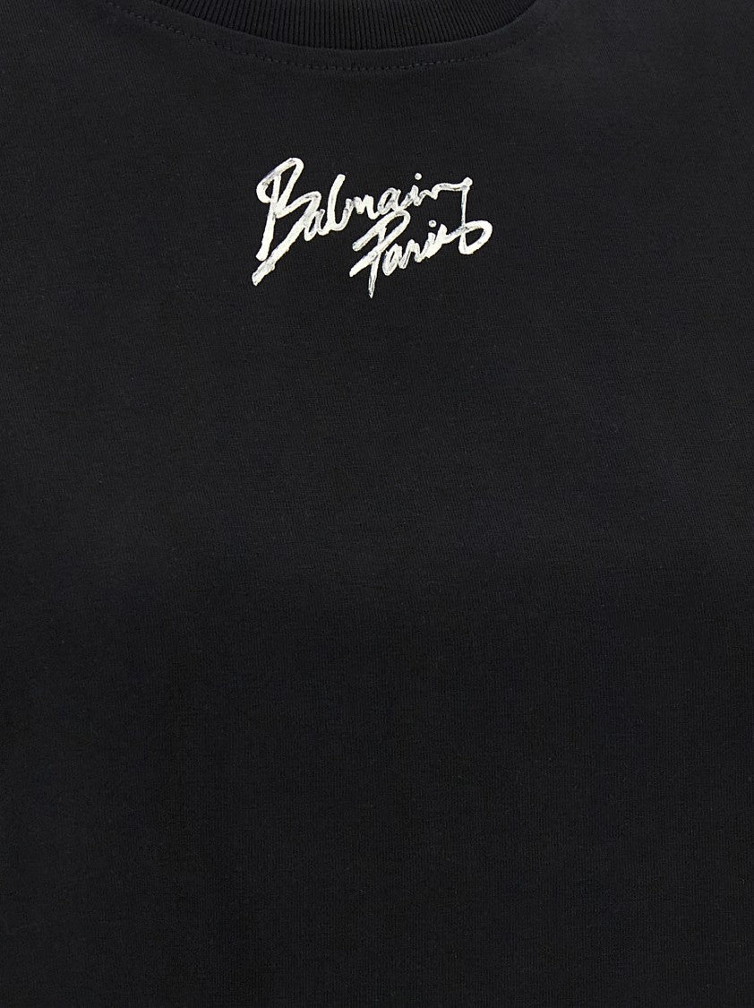 Balmain Cropped Cotton Crewneck T-Shirt With Turn-Up Cuffs And Logo Print
