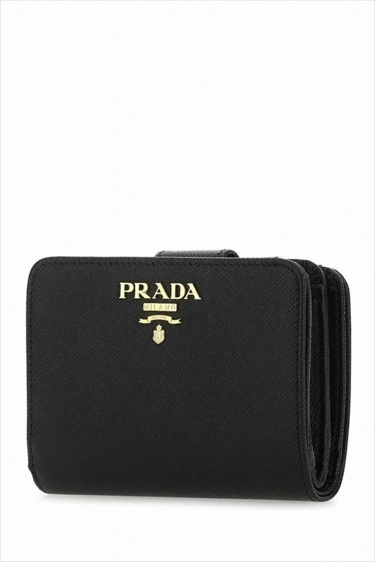 Prada Textured Calf Leather Wallet With Snap Closure And Metallic Logo