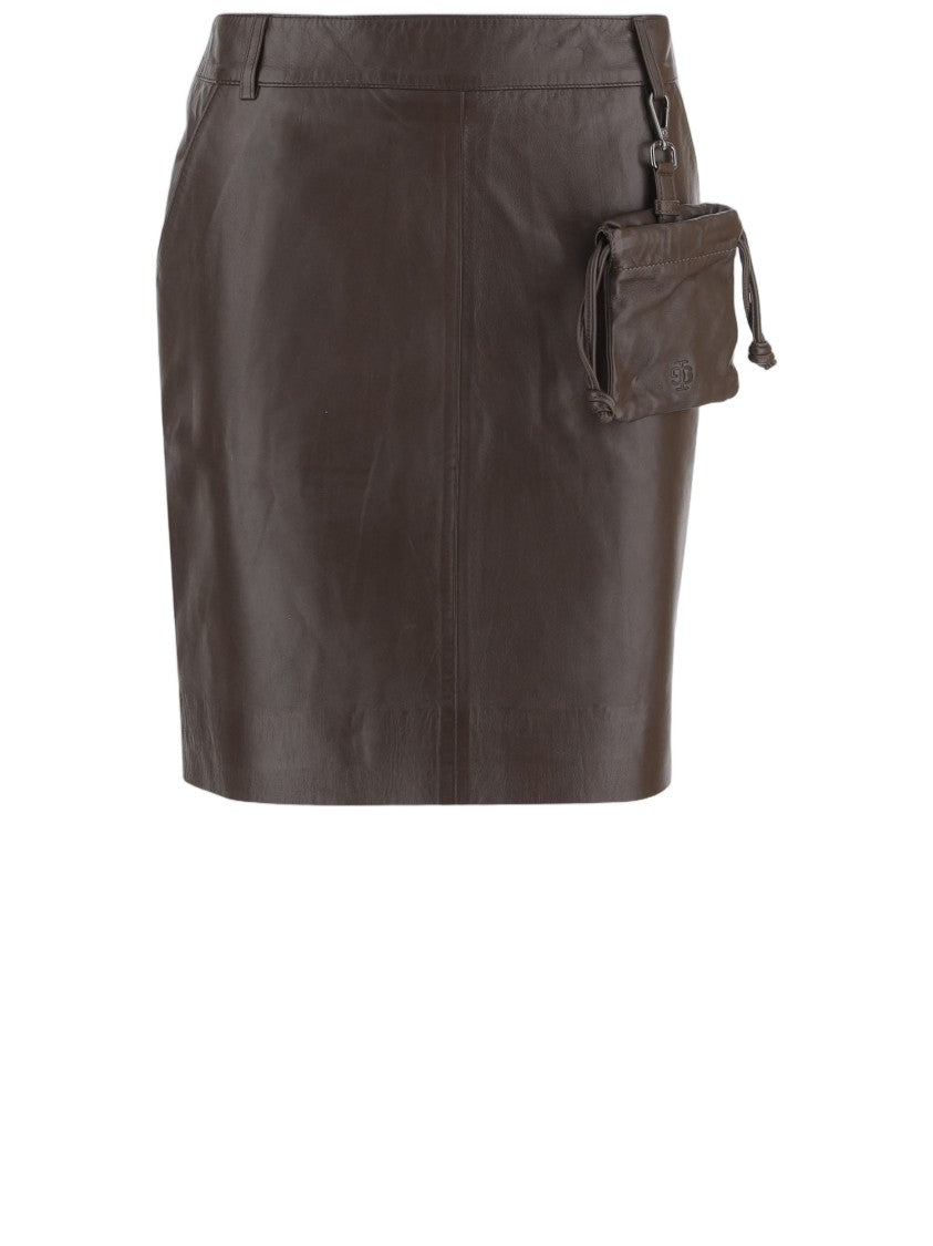 The Garment Brown Leather Skirt With Invisible Zipper And Removable Pouch