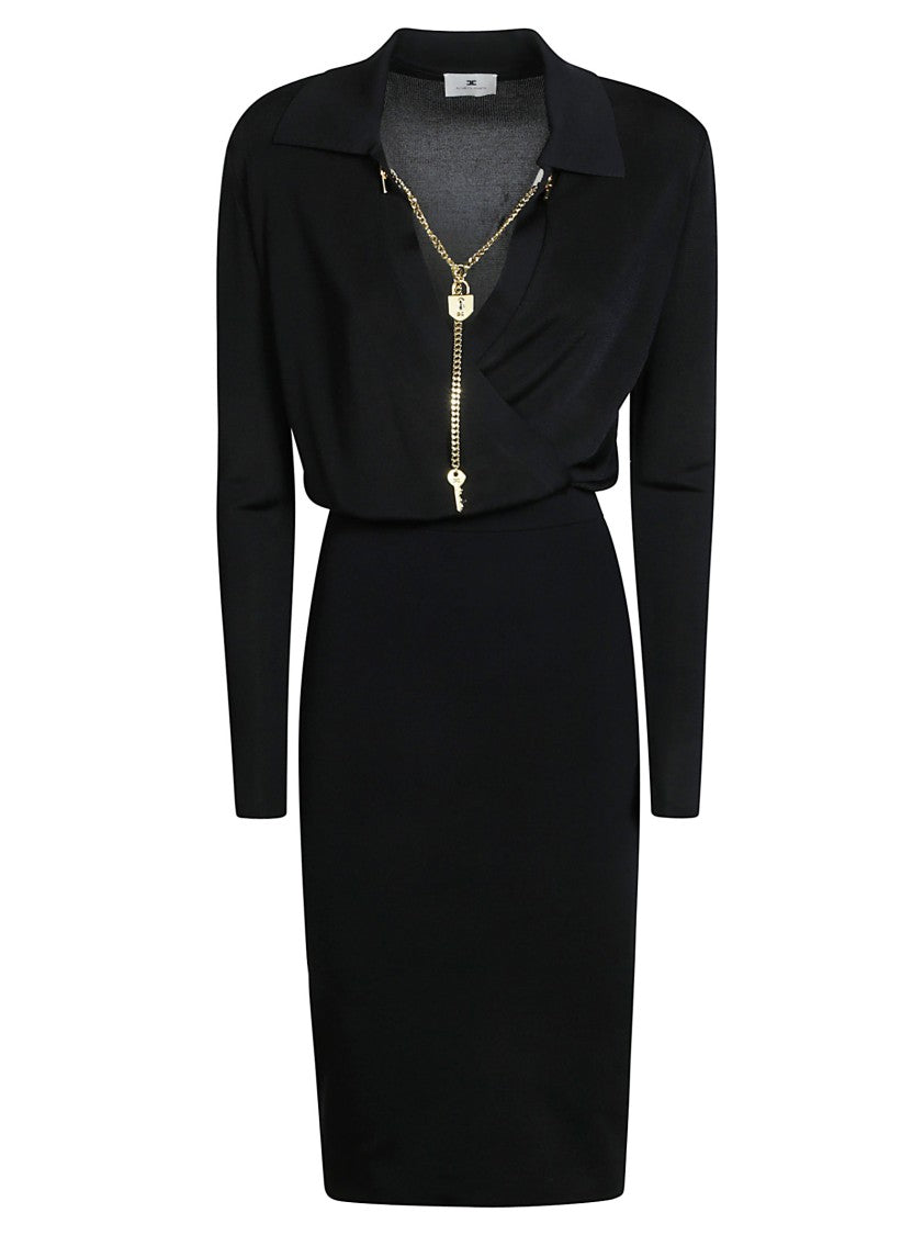 Elisabetta Franchi Fitted Black Knit Collared Mini Dress