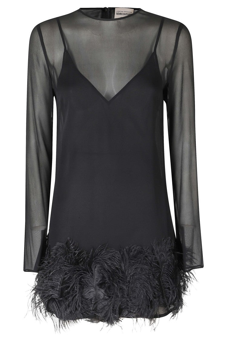 Semi Couture Black Georgette Feather Trim Mini Dress