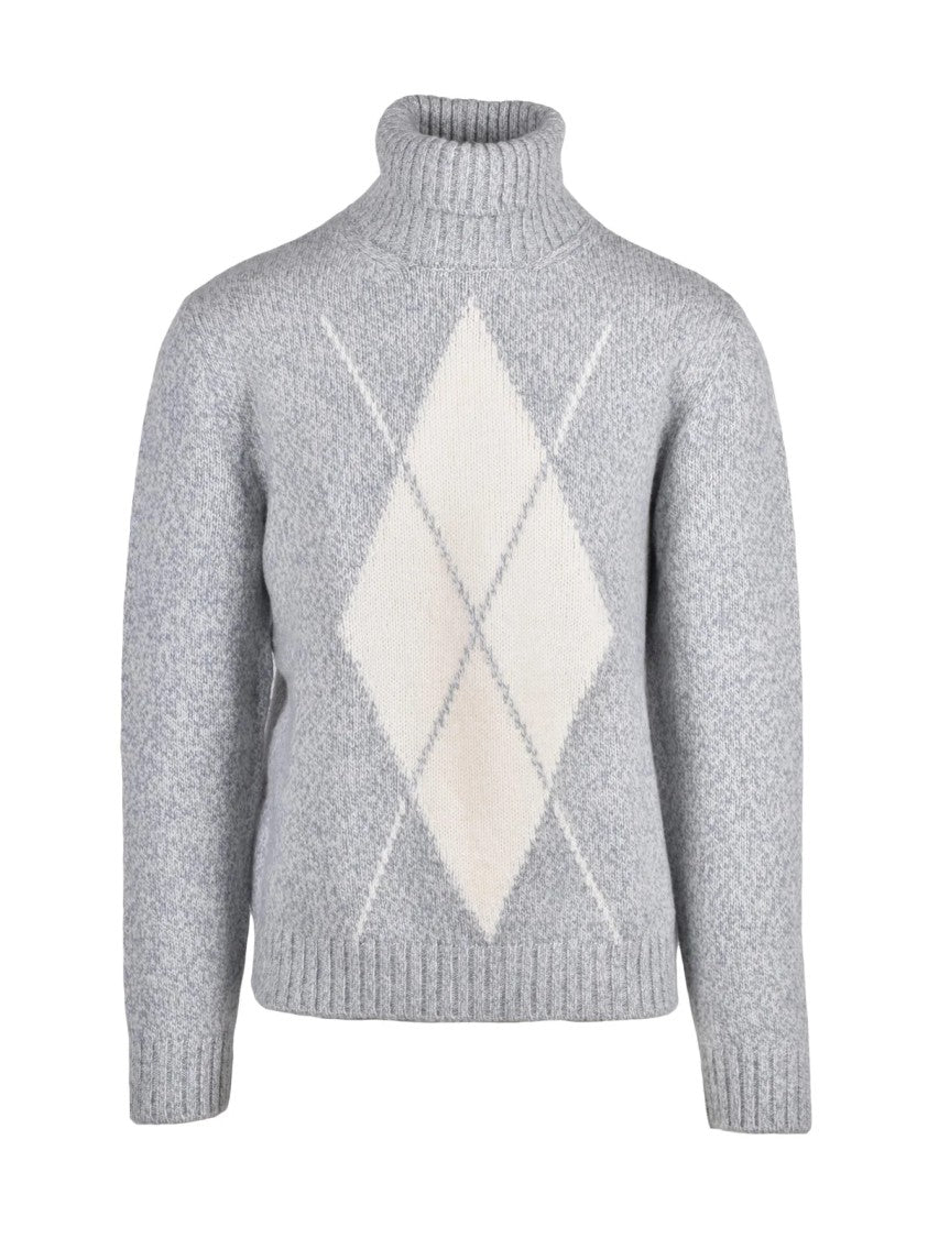 Eleventy High Neck Wool Sweater With Argyle Pattern And Ribbed Detailing