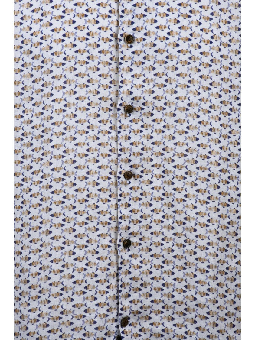 Sonrisa Patterned White Linen Shirt With Classic Collar And Relaxed Silhouette