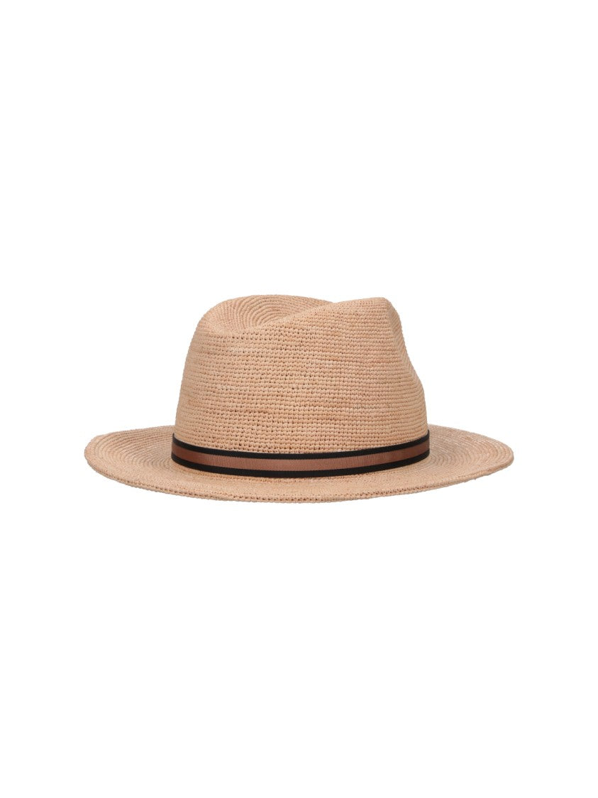Borsalino Beige Woven Fedora Striped Hat