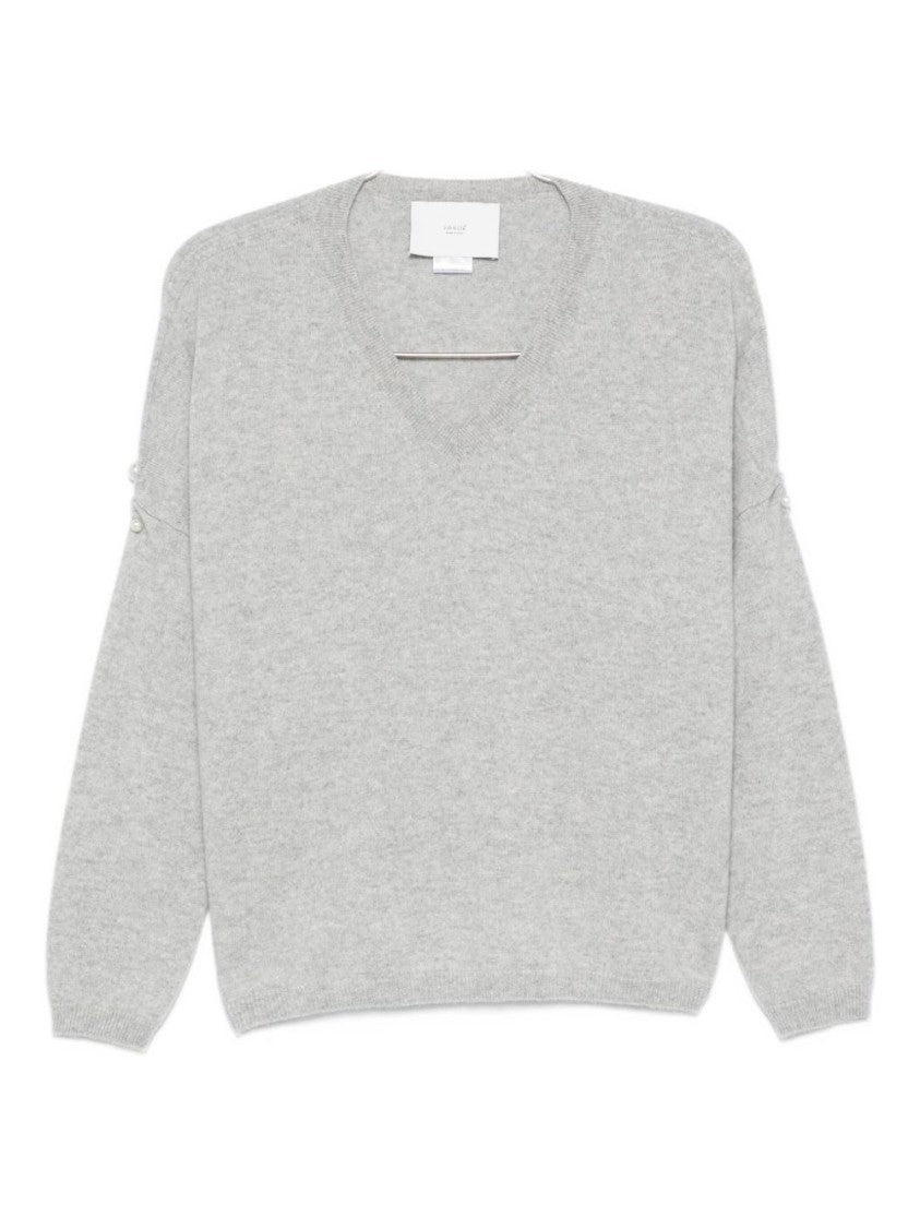 Vanisé Relaxed-Fit Gray Sweater With Pearl Button Details
