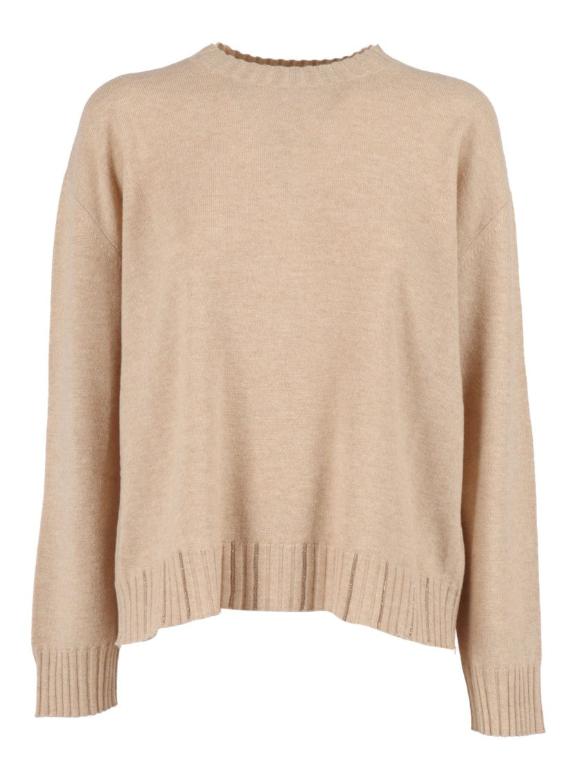 Fabiana Filippi Platinum-Hued Crew Neck Sweater With Ribbed Details