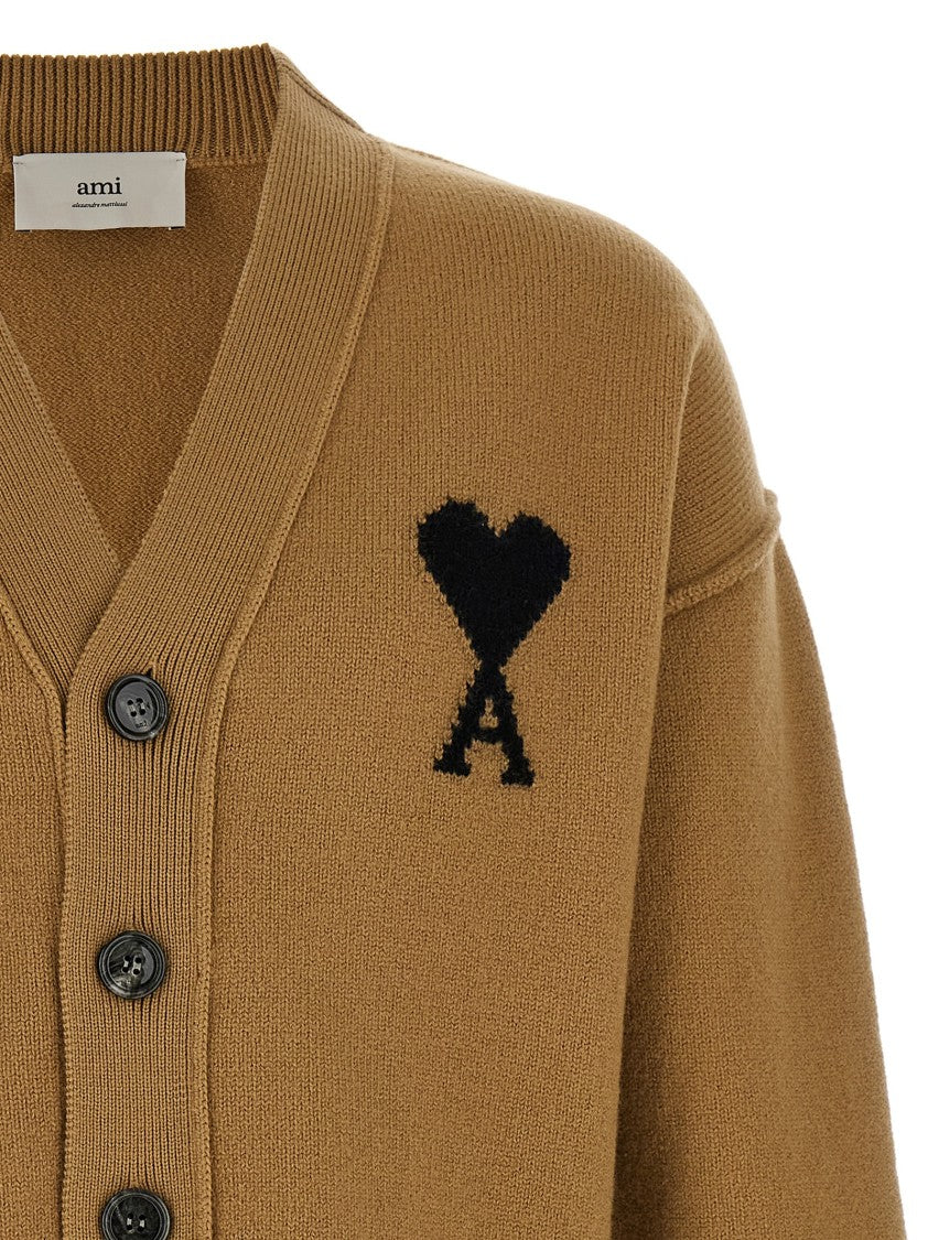 Ami Felted Merino Wool Cardigan With Inlaid Heart Motif