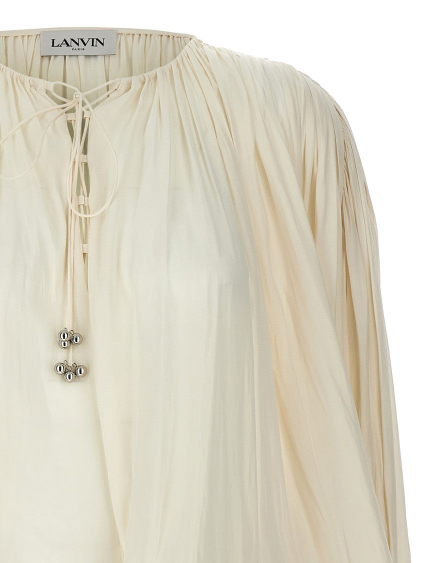 Lanvin V-Neck Wide Blouse With Drawstring Detail And Cuffed Sleeves
