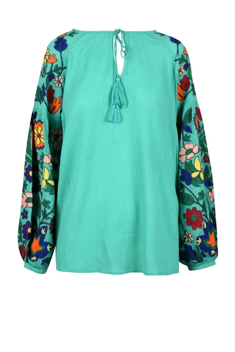 Douuod Cotton Blouse Puff Sleeves - Aqua Green
