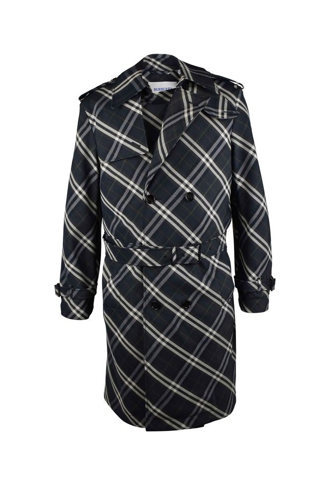 Burberry Indigo Blue Check Pattern Trench Coat